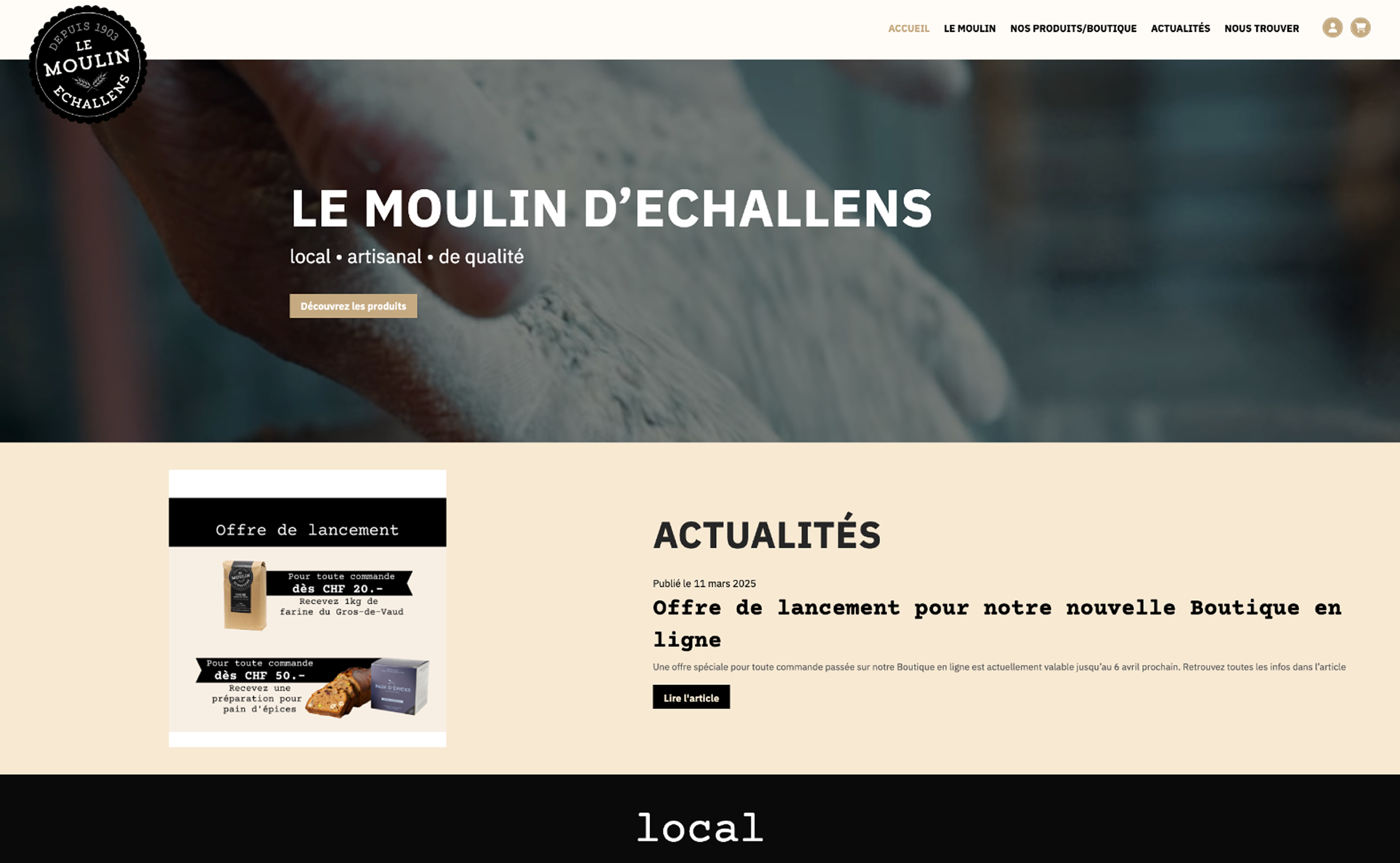 Capture d’écran du site internet du Moulin d’Echallens présentant ses farines artisanales